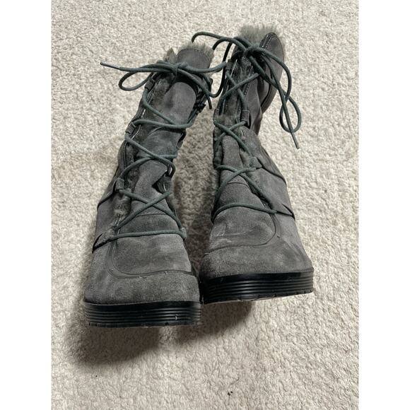 Calvin Klein Women's Size 7.5 Lace Up Dizzy Faux Fur Suede Heel Boots Gray - Picture 4 of 10